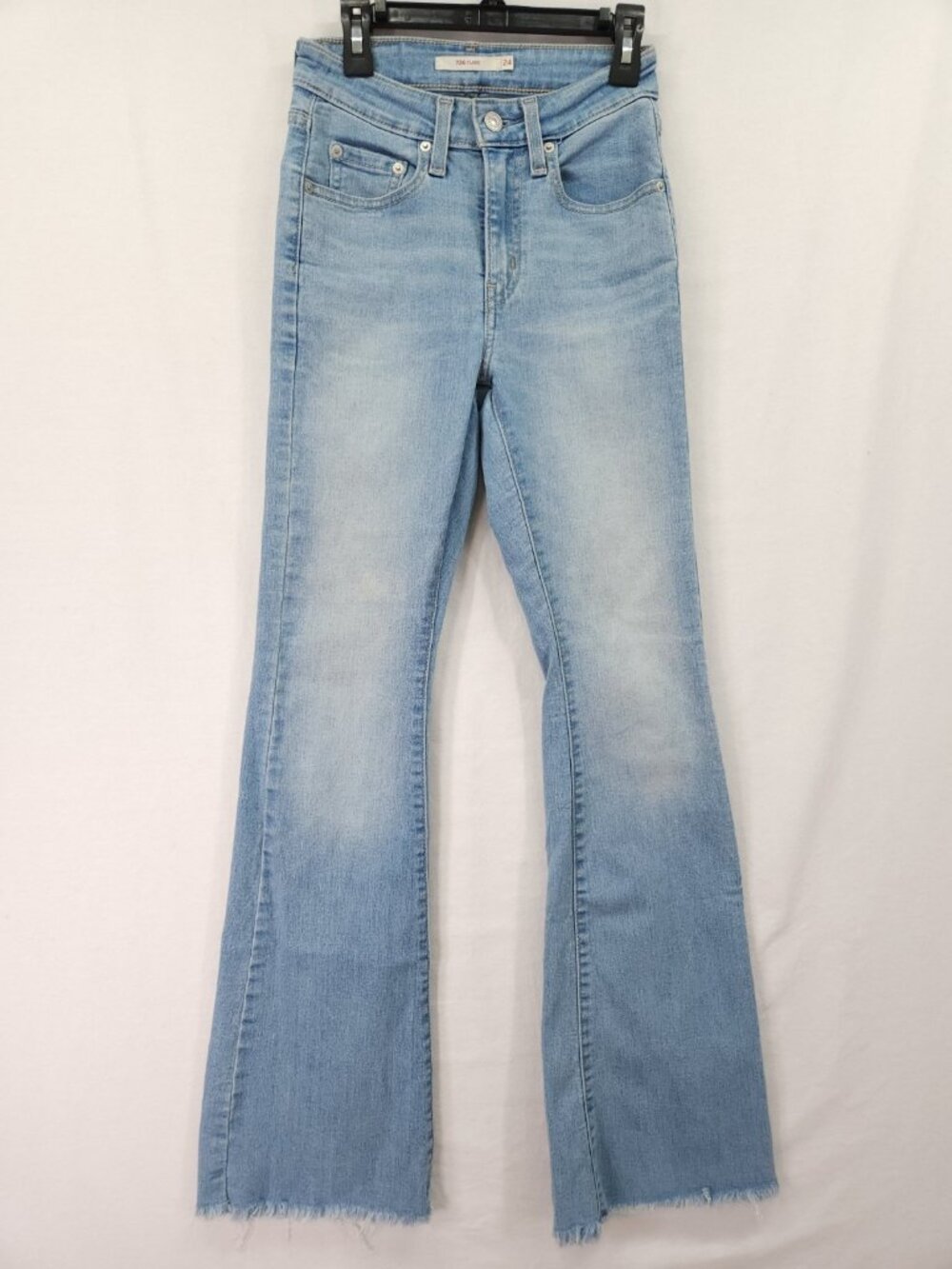 Levis 726 Flare Jeans Womens Size 24x30 High Rise Raw Hem Boho Retro Light Wash